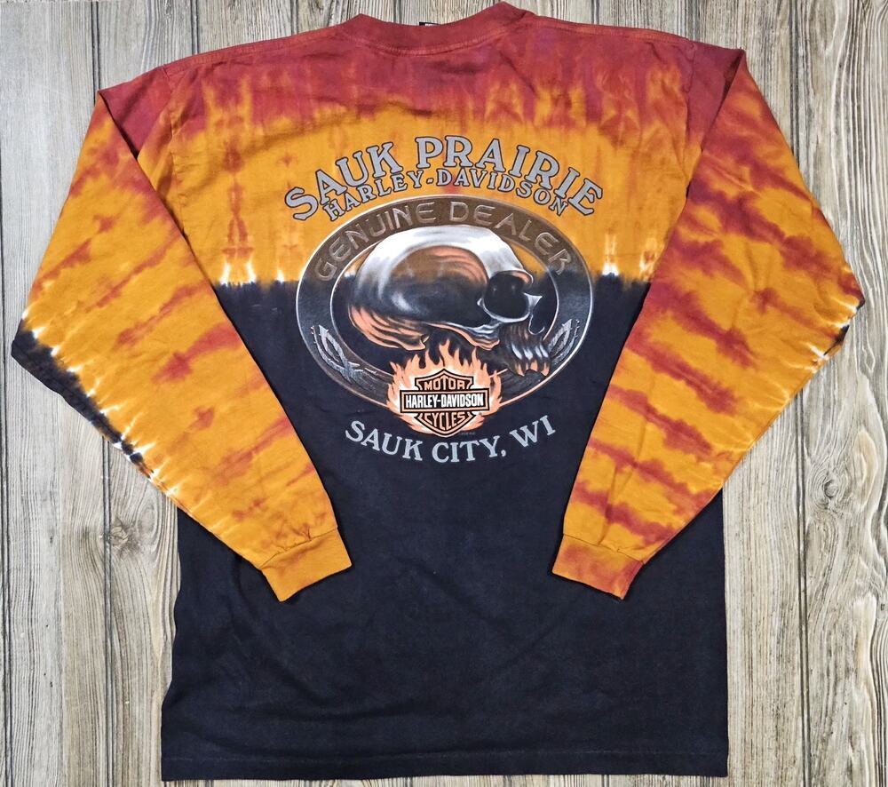 Harley Davidson Motorcycles Sauk City WI 2008 Tie Dye Long Sleeve Sz L USA Fire